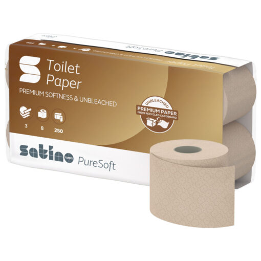 Toilettenpapier Satino PureSoft, 3-lagig, beige, Recyclingpapier (RC), 250 Blatt, 8x8=64 Rollen (Art. 90502)