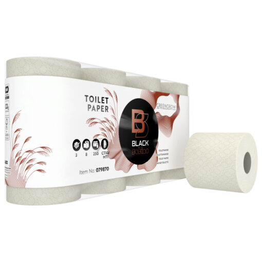 Toilettenpapier BlackSatino GreenGrow, 3-lagig, hellbeige, Miscanthus+Recyclingpapier, 250 Blatt, 40 Rollen (Art. 90504)